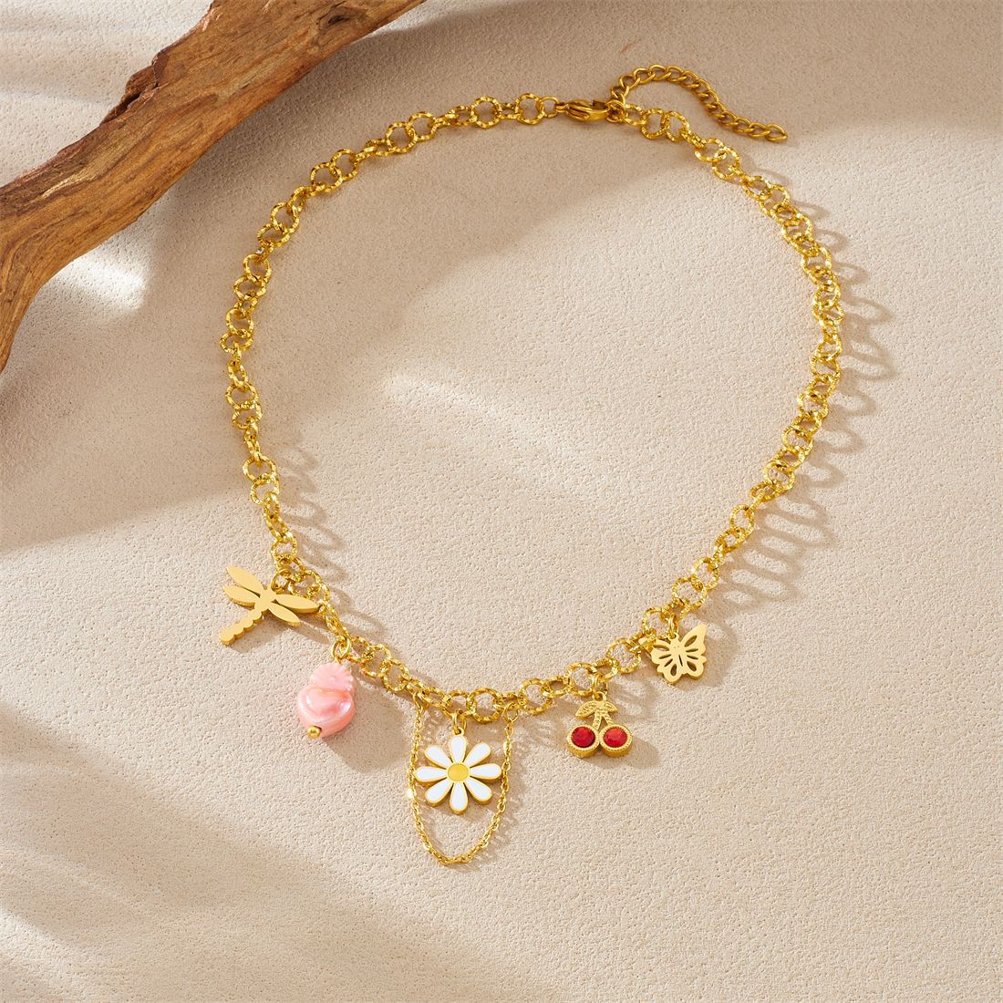 Sweet Drip Oil Floral Stainless Steel Necklace with Cherry and Daisy Pendant