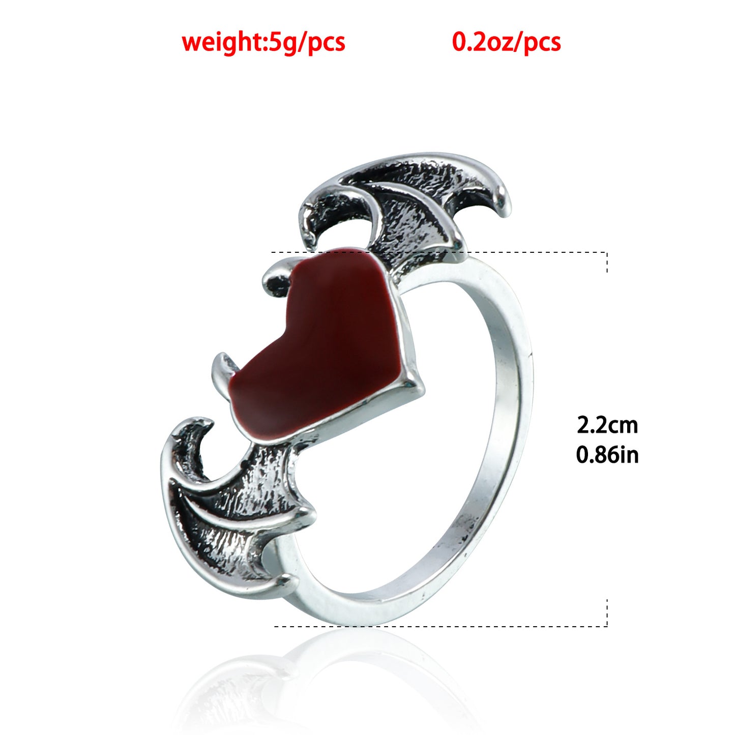 Retro-Style Red Enamel Heart-Shaped Metal Ring with Bat Wing and Demon Motif for Women