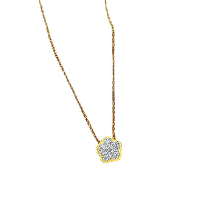 Minimalist Floral Geometric Pendant Necklace for Women Made of Titanium Steel with Gold Plating and Rhinestone Inlay