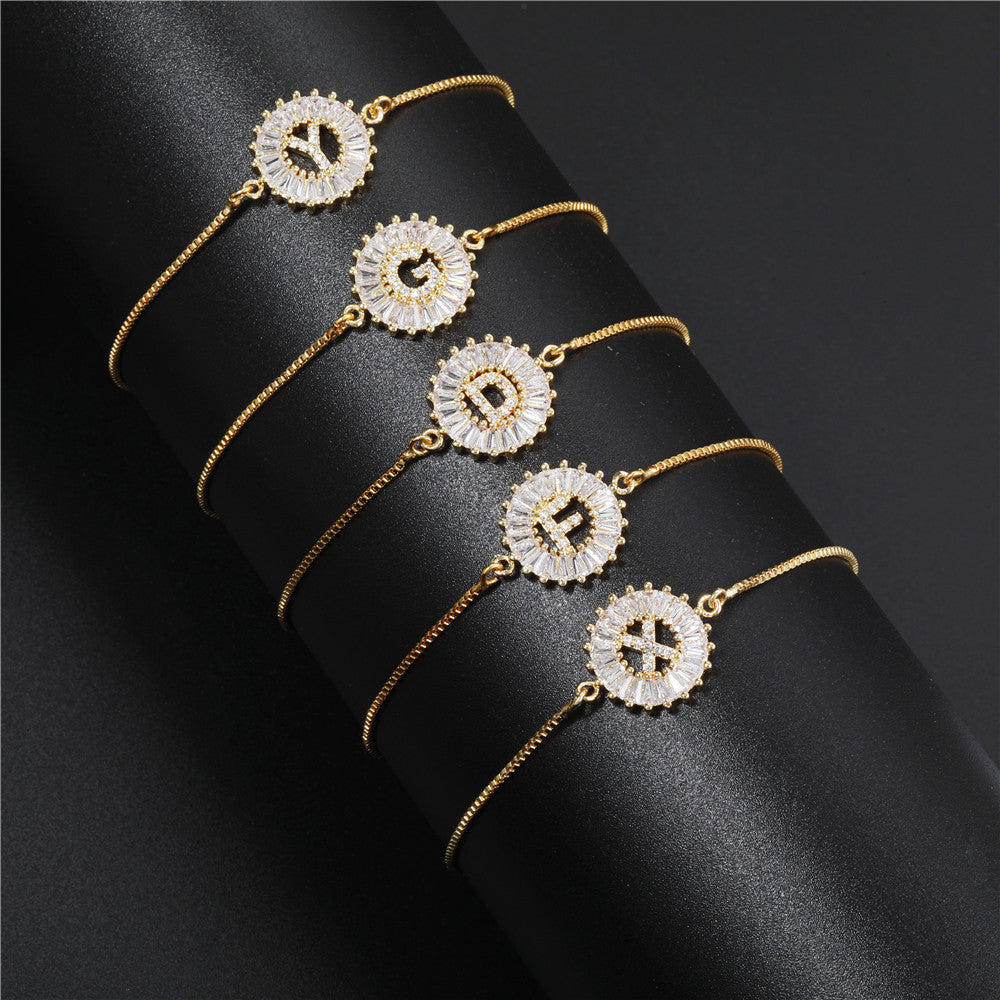 Minimalist Gold Plated Brass Letter Bracelet with Cubic Zirconia Adjustable A-Z