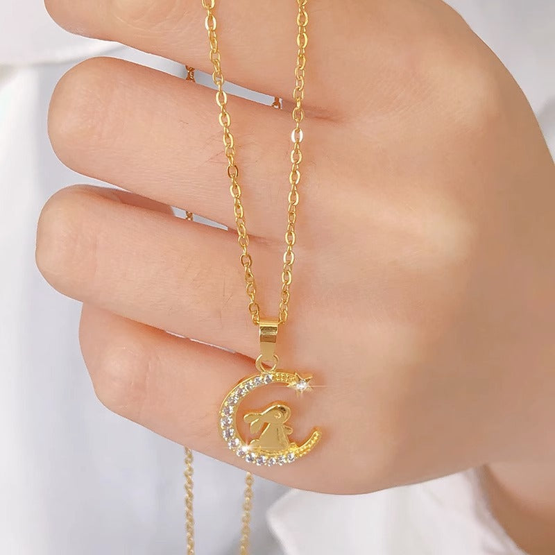 Minimalist Moon and Rabbit Pendant Necklace in Titanium Steel with Gold Plating for Women