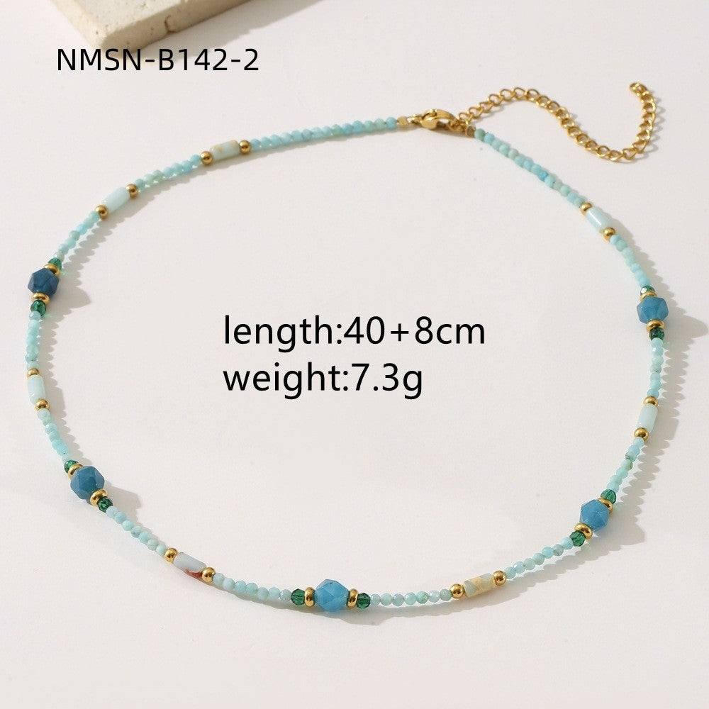 Collar estilo francés retro con piedra natural azul geométrica para mujer con acabado chapado y diseño de cuentas