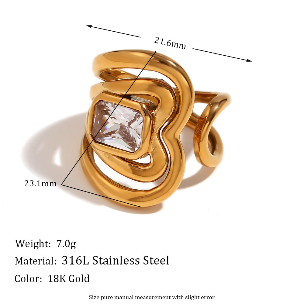 Minimalist Geometric Stainless Steel Ring with 18K Gold Plating and Micro-Paved Zirconia for Women