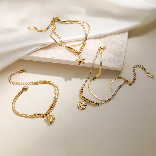 Pulsera minimalista geométrica de acero inoxidable para mujer con baño de oro de 18 quilates y diseño apilable de doble capa