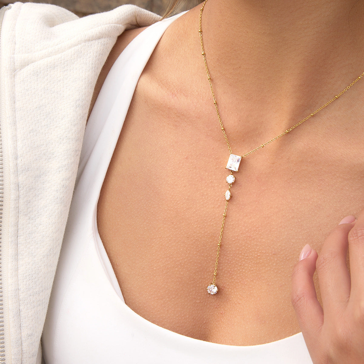 Elegant Minimalist Geometric Oval Cubic Zirconia PVD Gold Plated Stainless Steel Y-Chain Necklace for Women