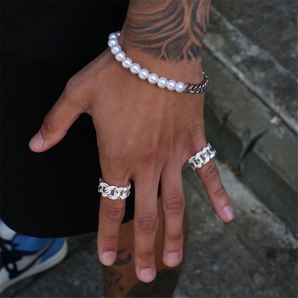 Minimalist Hip-hop Geometric Titanium Steel Cuban Link Chain Bracelet with Pearl for Unisex