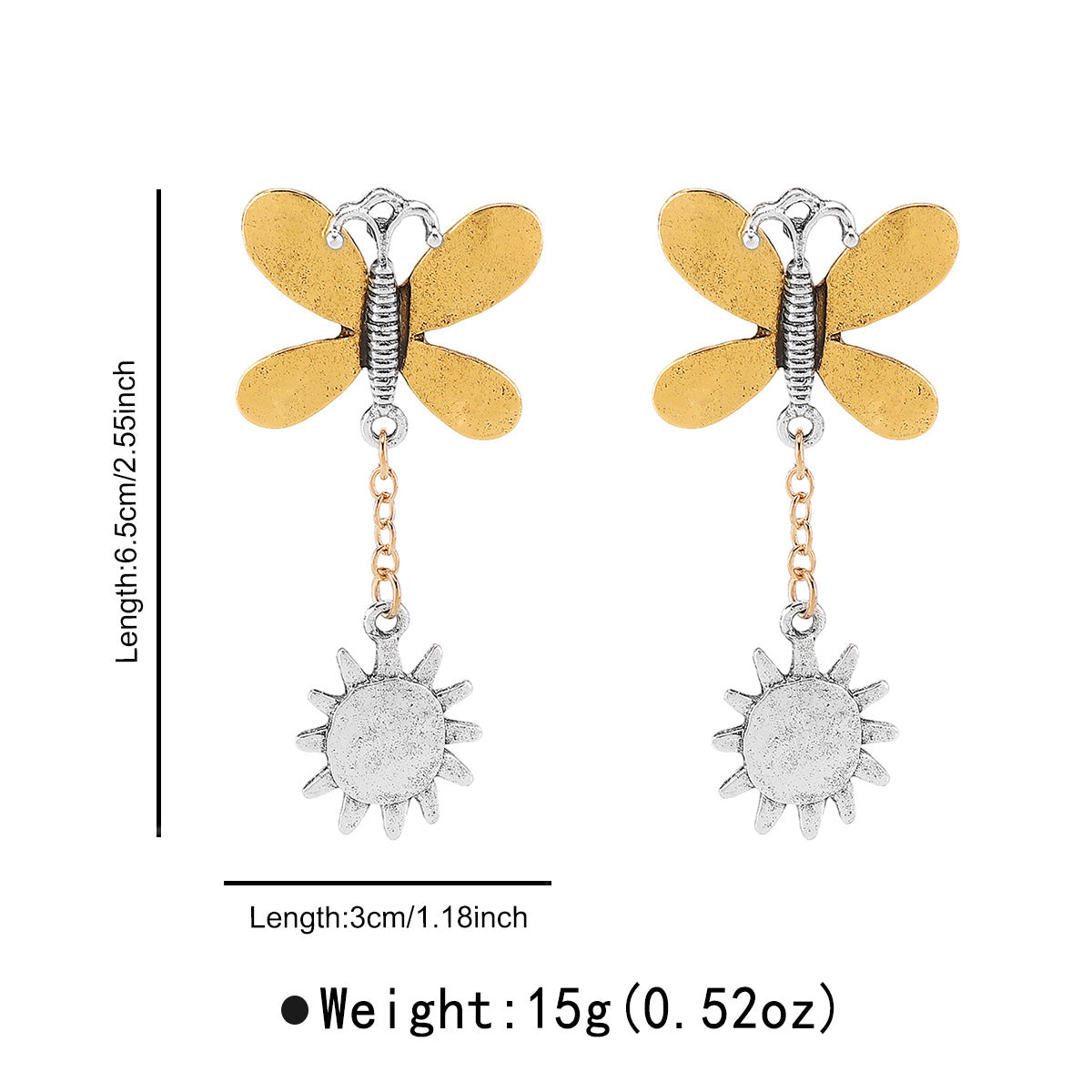 Pendientes colgantes elegantes de mariposa y rayos de sol para mujer, de aleación de zinc con acabado galvanizado