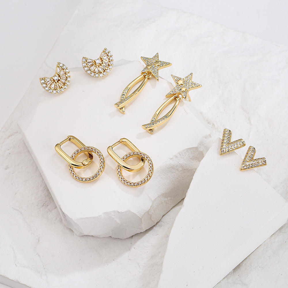 Minimalist Irregular Geometric Copper Stud Earrings with 18K Gold Plating and Zircon Accents for Women