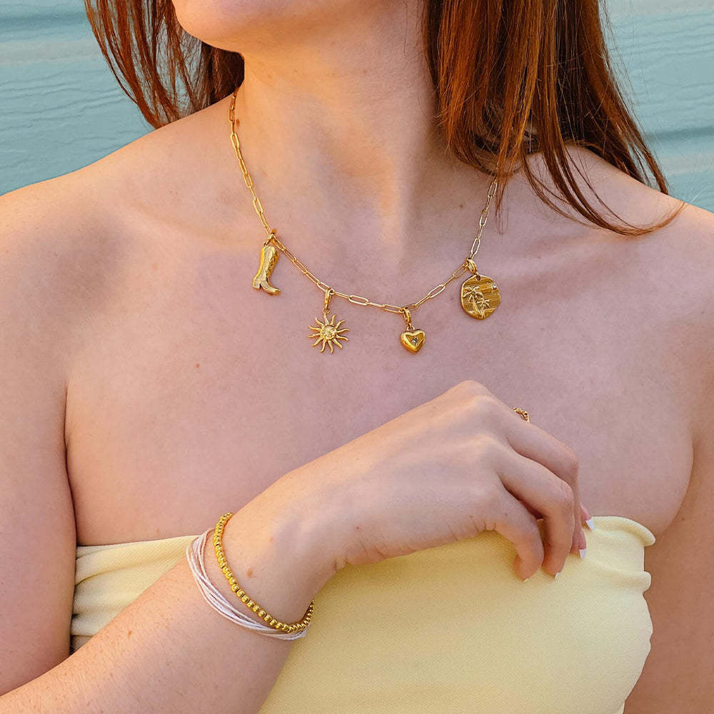 Vintage 18K Gold Plated Stainless Steel Heart Charm Bar Necklace