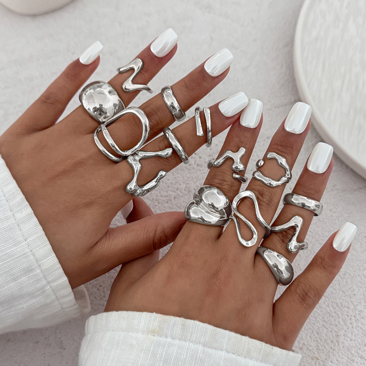 Luxury Elegant Geometric Oval Alloy Plated Irregular Liquid Lava Wrinkle Open Ring for Women