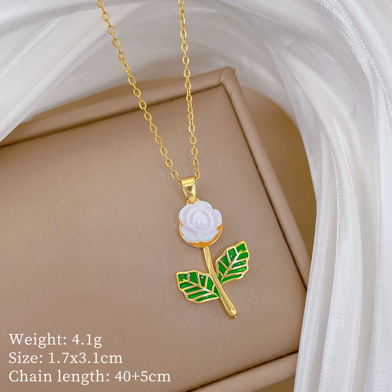 Sweet Elegant Drip Oil Floral Moon Rhinestone Pendant Necklace Titanium Steel Cable Chain for Unisex