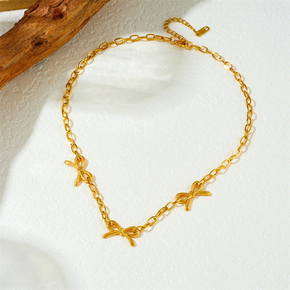 Punk Vintage Gold Plated Stainless Steel Curb Chain Necklace with Bow Knot Pendant