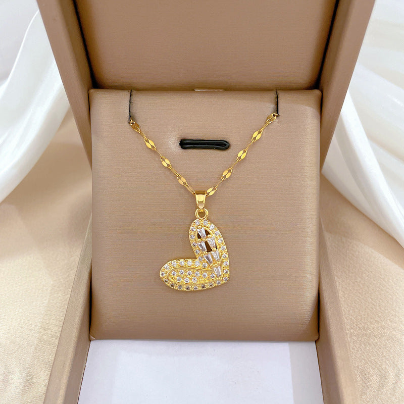 Collar geométrico minimalista de acero de titanio dulce con colgante incrustado de diamantes de imitación para mujer