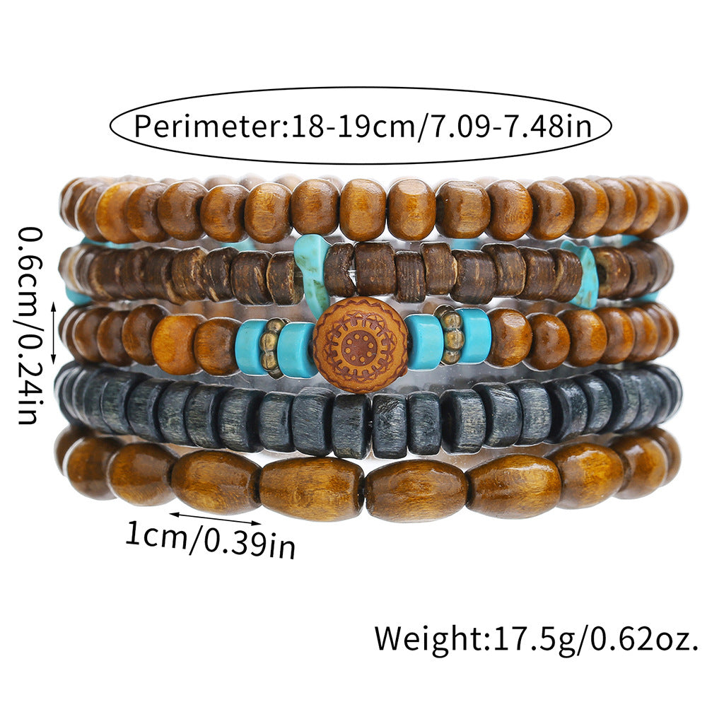 Vintage Minimalist Round Wood Turquoise Beaded Bracelet Set