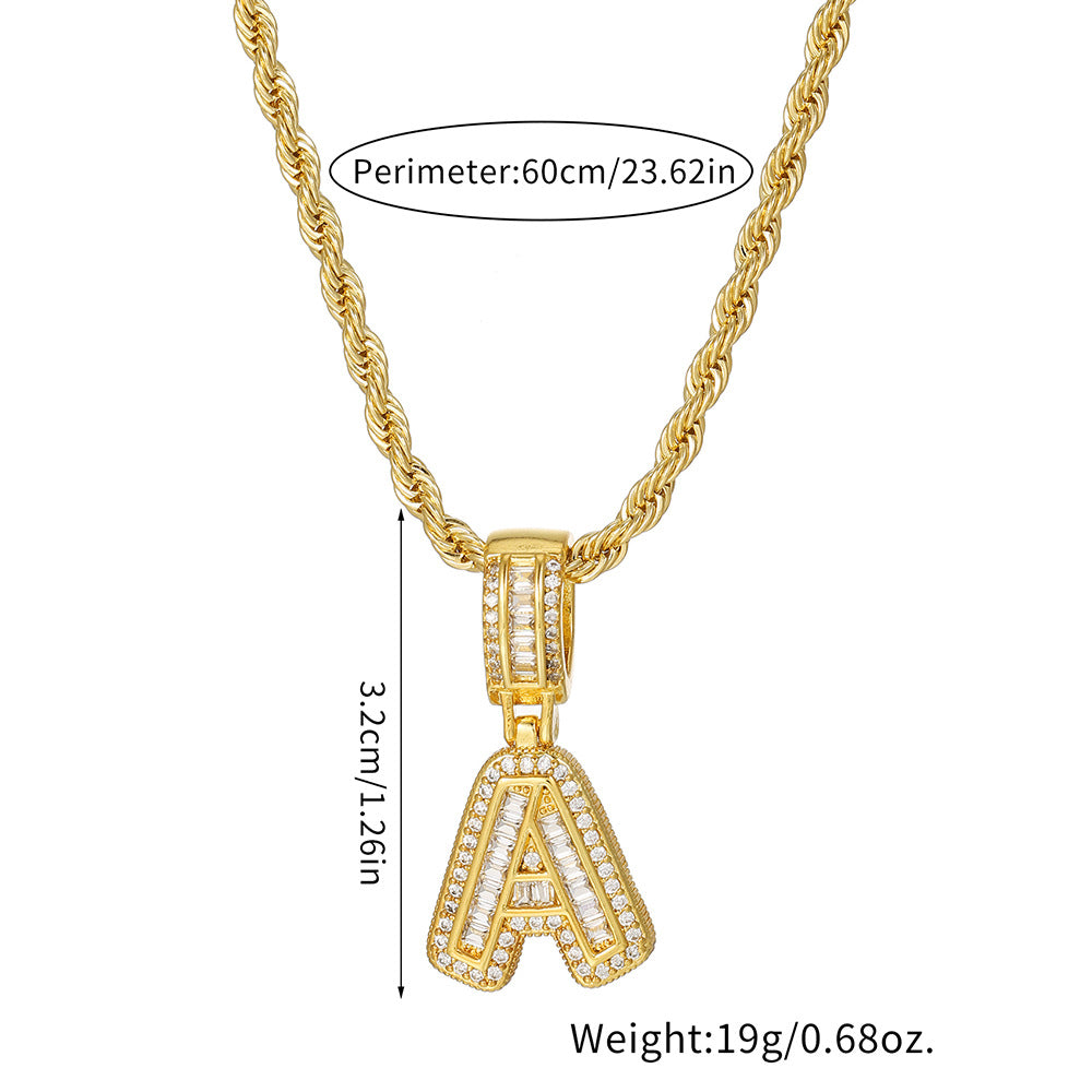Personalized 18K Gold Plated Brass Cubic Zirconia Letter Pendant Necklace with Stainless Steel Rope Chain