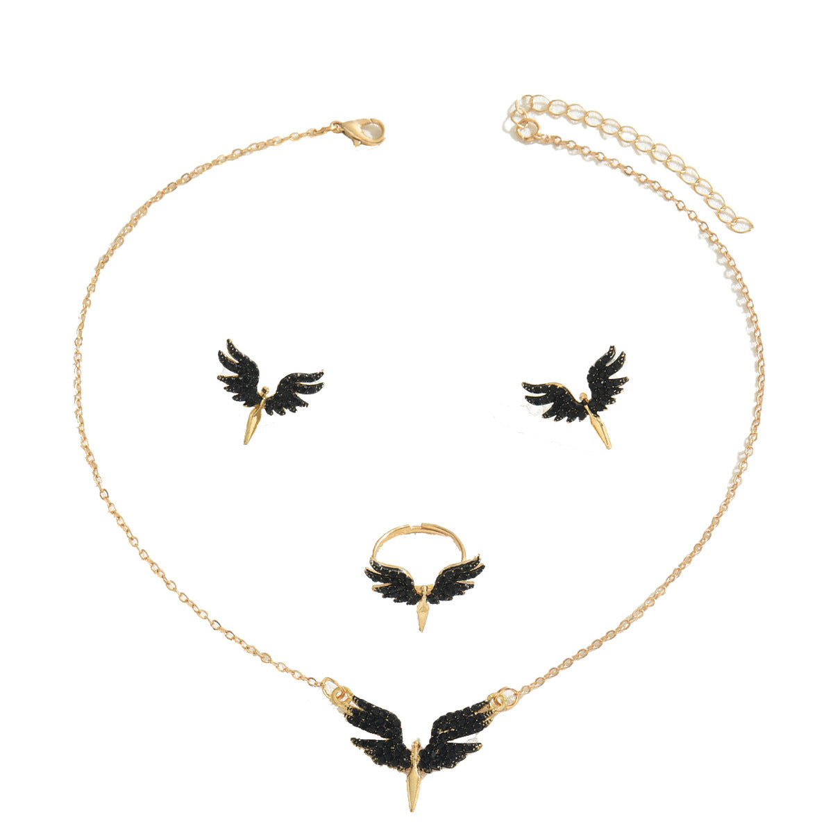 Set collana, orecchini e bracciale in lega smaltata a forma di ala d'angelo, stile donna d'ufficio alla moda