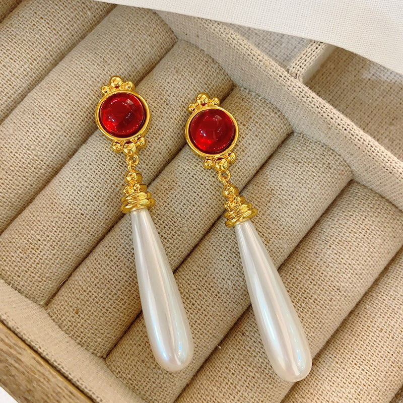 Orecchini da donna vintage floreali geometrici con perle, finitura smaltata, in rame placcato e perni in acciaio inossidabile