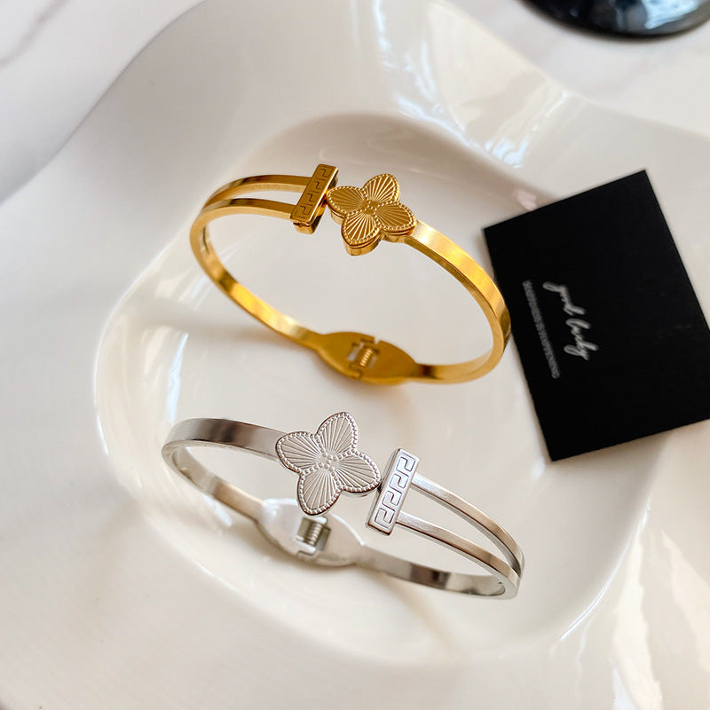 Minimalist Laser Plated Floral Titanium Steel Open Cuff Bracelet