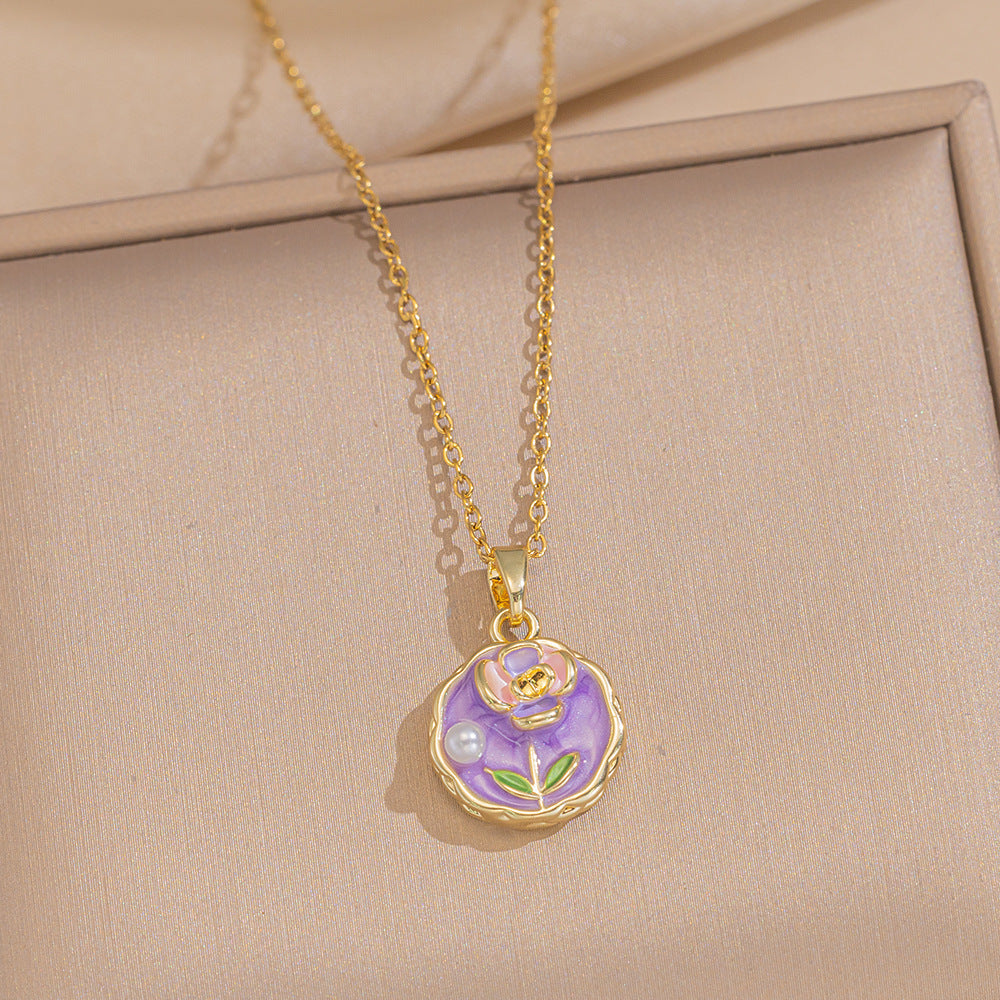 Baroque Style Leaf-Shaped Titanium Steel Necklace with Tulip Floral Motif, Vacuum-Plated for Hypoallergenic Wear, O-Chain Design