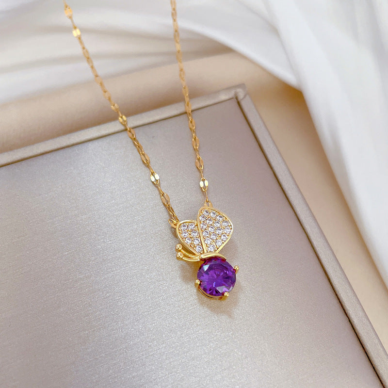 Luxury Purple Butterfly Rhinestone Necklace for Women Titanium Steel Delicate Clavicle Chain for Wedding Party and Formal Events