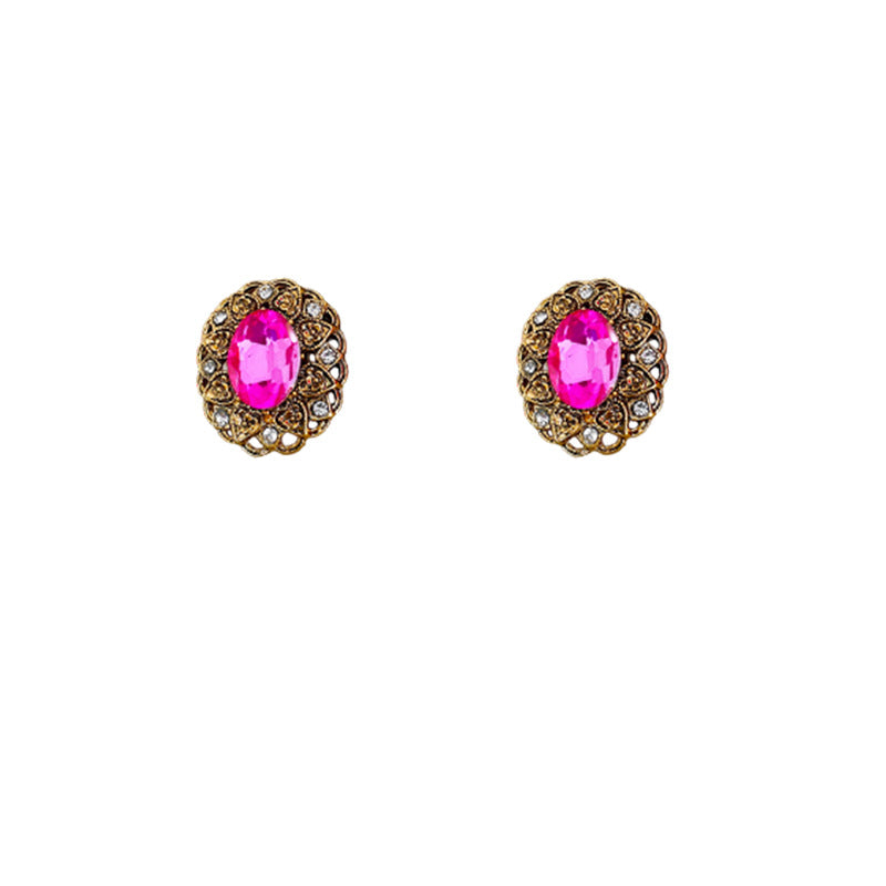Orecchini ovali geometrici stile vintage con intarsio in strass e lega placcata con finitura anticata, perno in acciaio inossidabile da donna