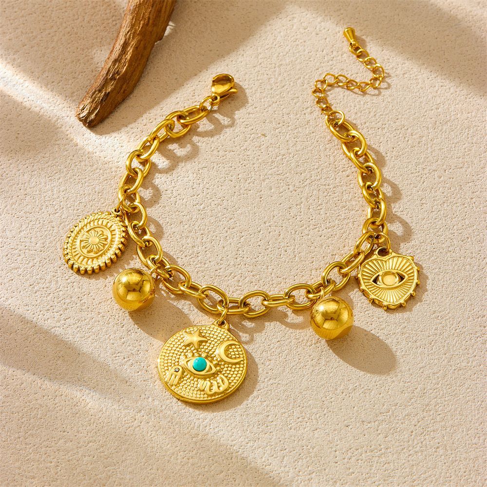 Vintage Style Heart-Shaped Turquoise-Eye Star Moon Oval Pendant Stainless Steel Bracelet with Plating Finish