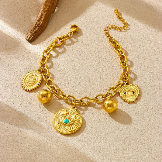 Vintage Style Heart-Shaped Turquoise-Eye Star Moon Oval Pendant Stainless Steel Bracelet with Plating Finish