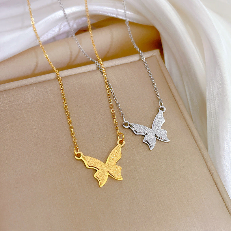 Minimalist Matte Titanium Steel Butterfly Pendant Necklace for Women with Gold Plating and Geometric Edge Bead Detail