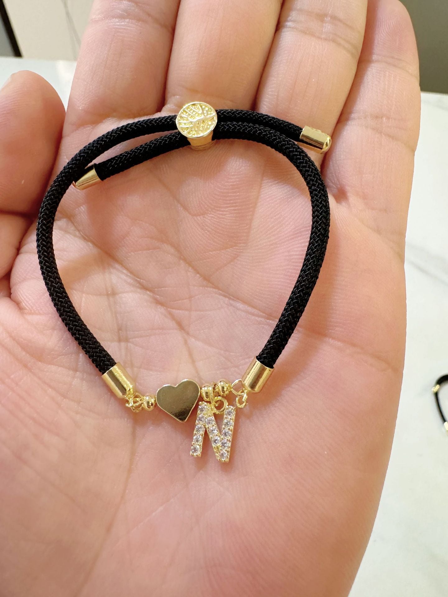 Minimalist Letter Heart Brass Plated Cubic Zirconia Bracelet with Adjustable Black Cord for Women