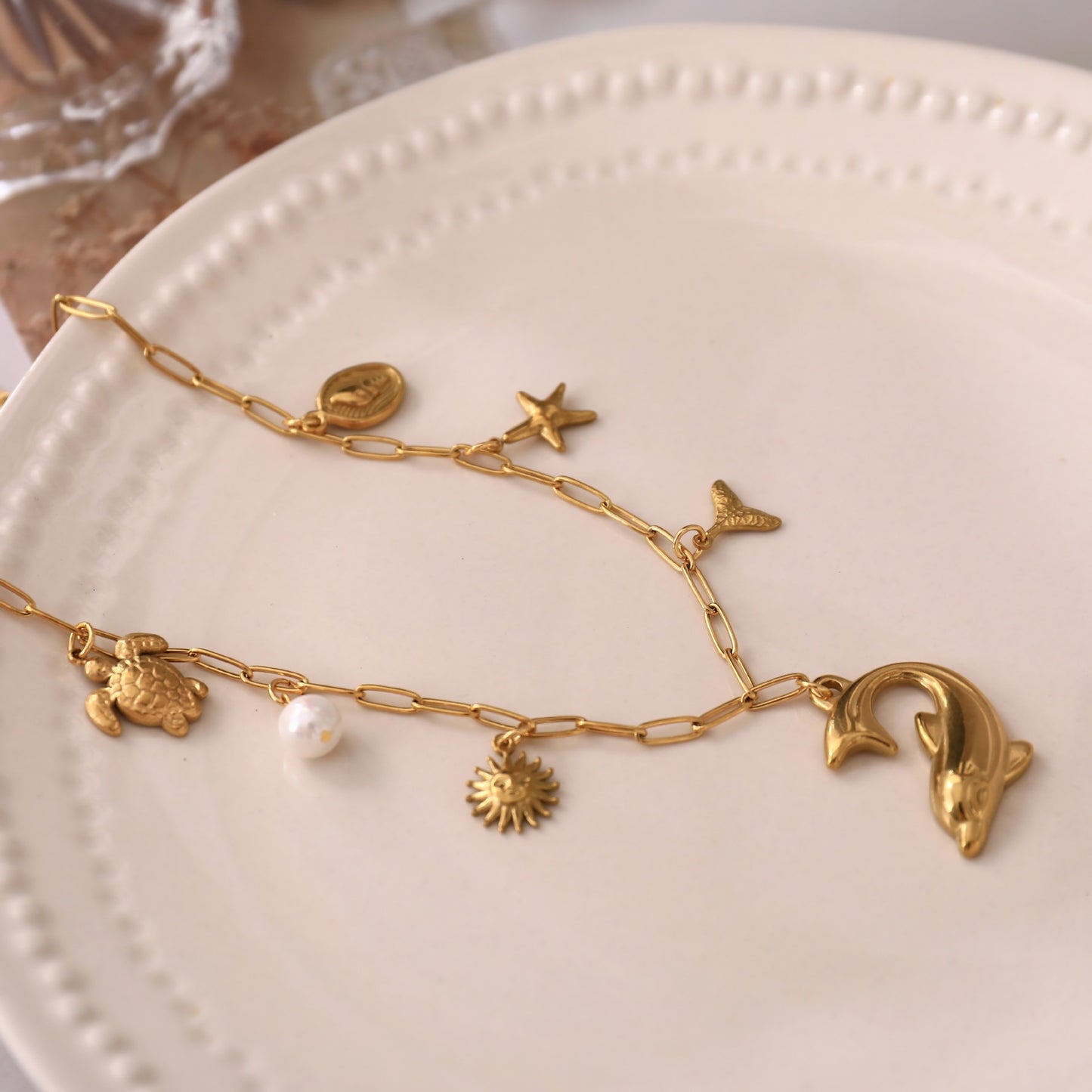 Sweet Plated Titanium Steel DIY Charm Bar Necklace with Pearl Star Animal Pendants Unisex Corn Chain 15g