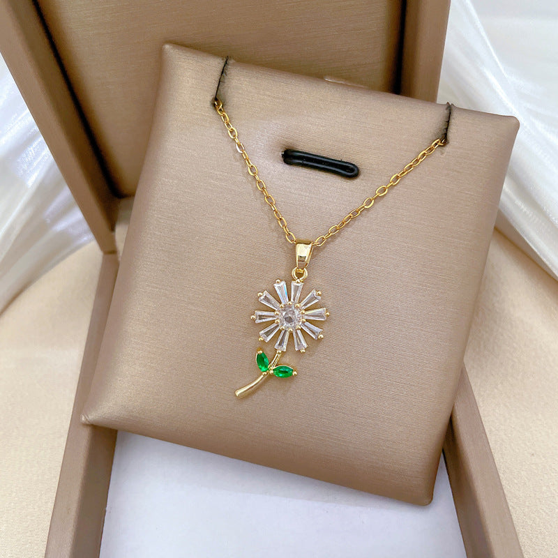 Minimalist Leaf and Floral Pendant Necklace for Women with Rhinestone Inlay on Titanium Steel Snake Chain