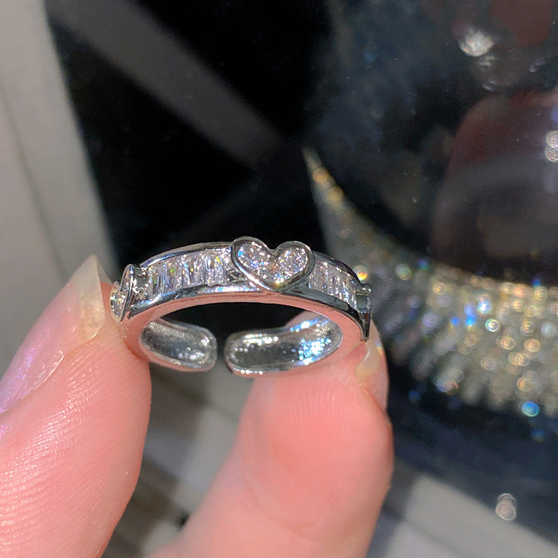 Sweet Elegant Heart Butterfly Brass Ring with Cubic Zirconia Handmade Adjustable
