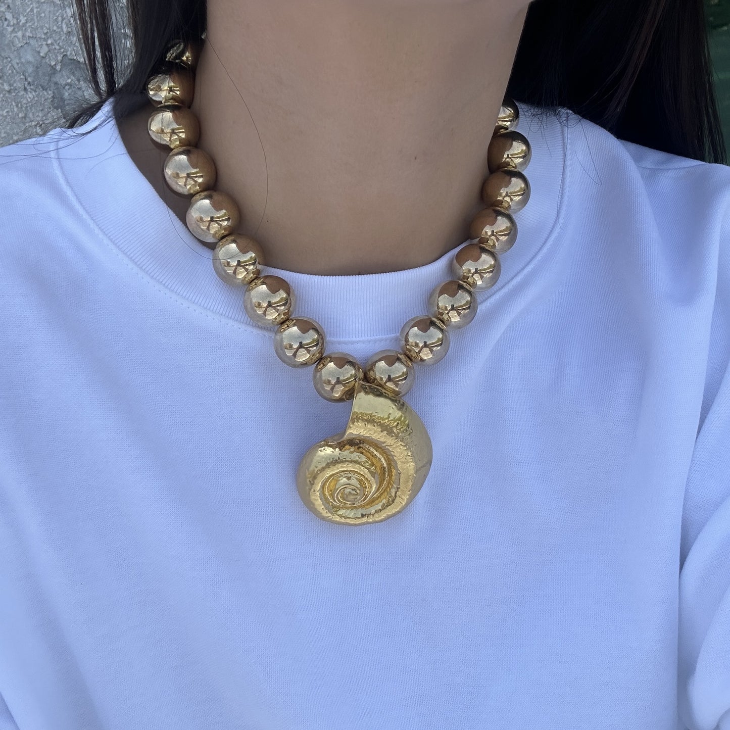 Ocean Style Imitation Pearl Starfish and Conch Pendant Alloy Ball Chain Necklace for Women