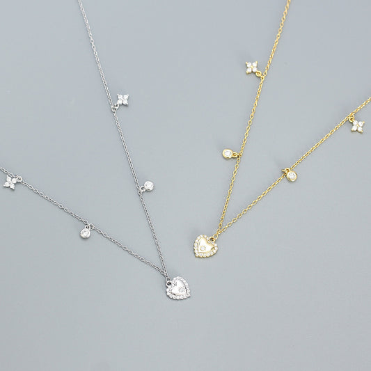 Collar de Plata de Ley 925 con Corazón Dulce y Atrevido, con Incrustaciones de Pedrería y Cadena Cruzada Francesa para Mujer
