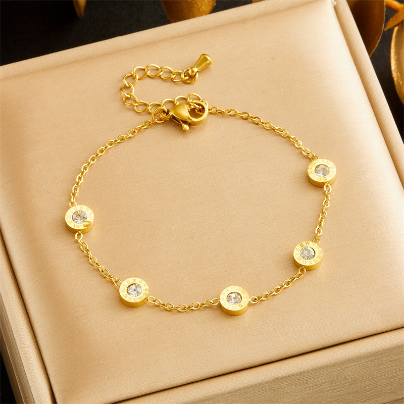 Conjunto de Collar, Pendientes y Pulsera con Colgante Redondo de Números Romanos de Diamantes de Imitación para Mujer, Cadena de Caja Chapada en Acero Inoxidable