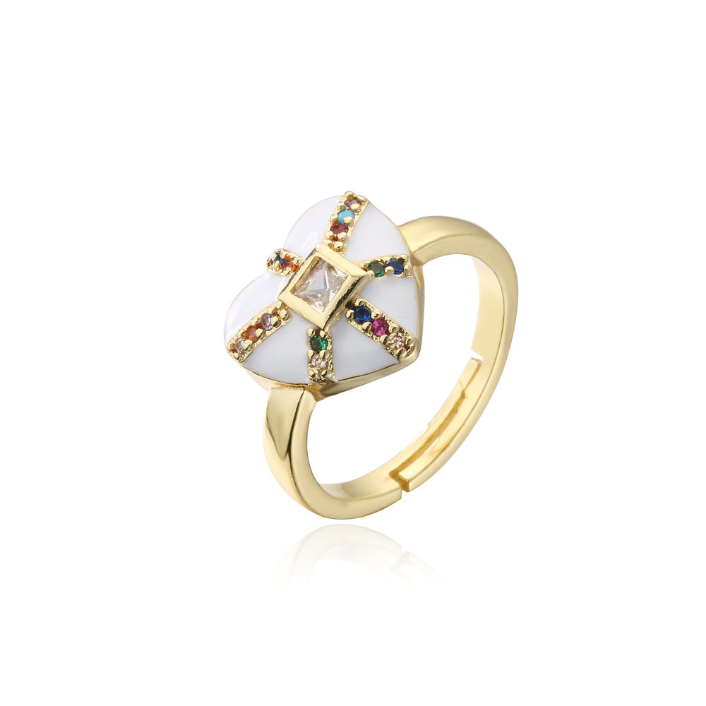 18K Gold Plated Brass Micro-inlay Cubic Zirconia Drip Oil Heart Ring for Women