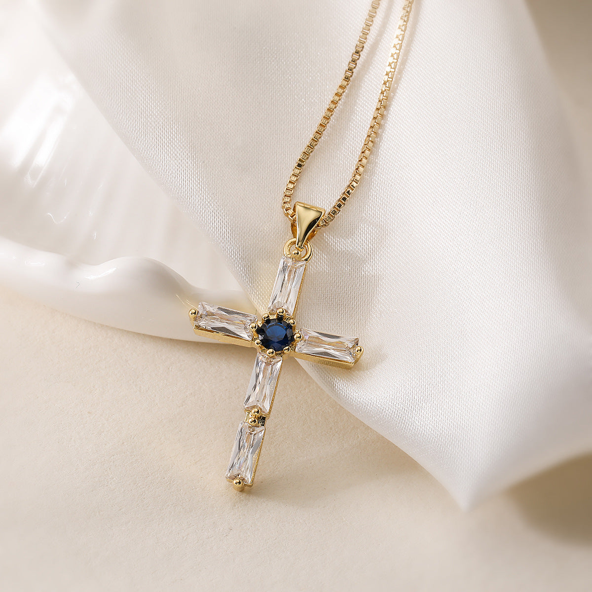 Minimalist Geometric Cross Pendant Necklace for Women with Copper Base Plated in 18K Gold and Zircon Inlay