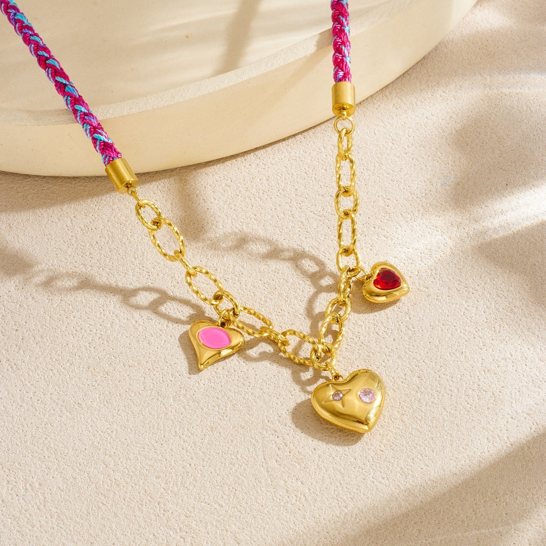 Sweet Streetwear Gradient Heart Rhinestone Gold Plated Stainless Steel Hand-woven Rope Chain Necklace for Women
