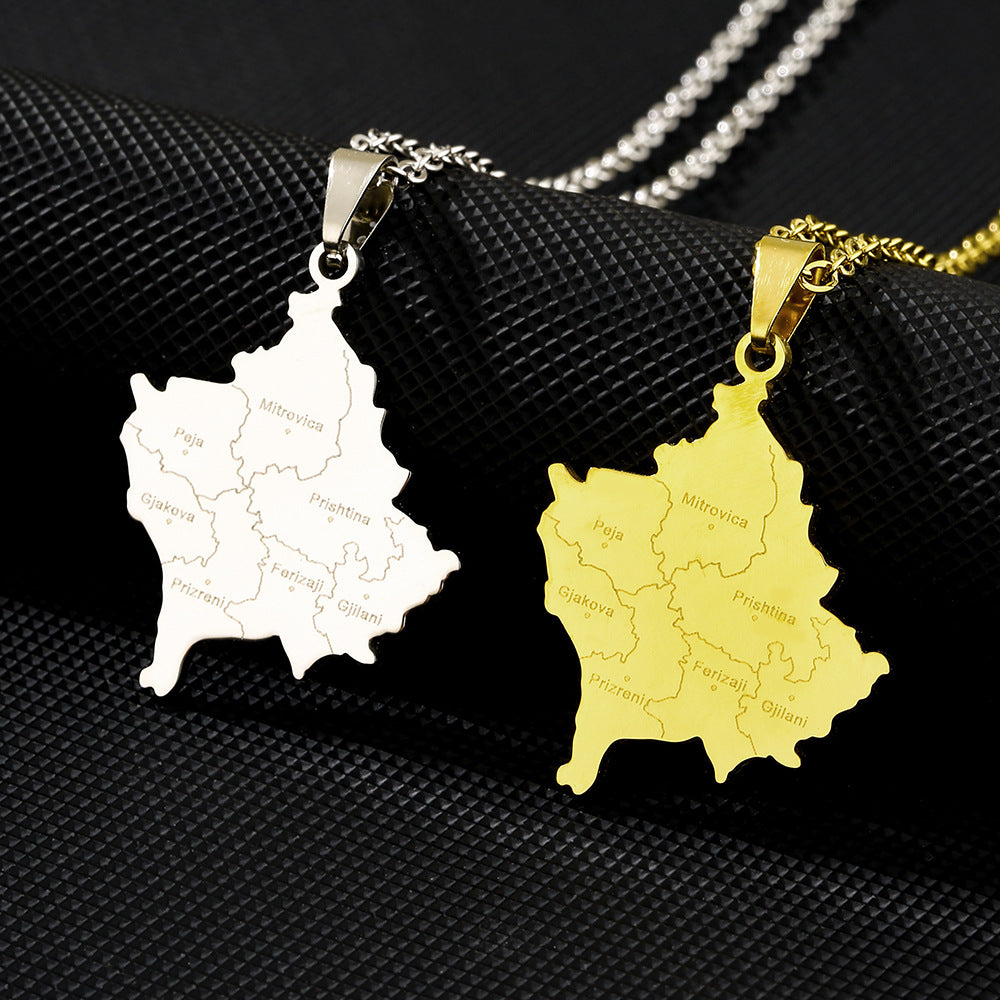Collana con Pendente Geometrico alla Moda a Tema Città del Kosovo in Acciaio al Titanio Placcato Oro per Uomini e Donne