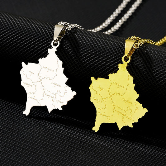 Collana con Pendente Geometrico alla Moda a Tema Città del Kosovo in Acciaio al Titanio Placcato Oro per Uomini e Donne