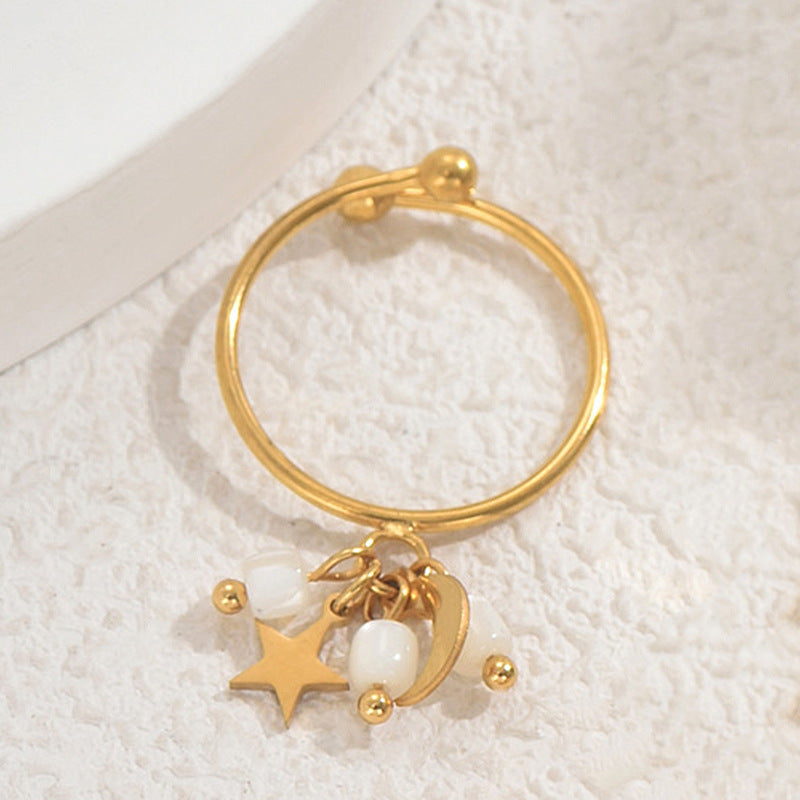 Anillo Abierto Geométrico para Mujer con Diseño de Estrella y Luna, Banda de Cobre con Incrustaciones de Perlas, Anillo de Dedo Minimalista de Moda para Dedo Índice
