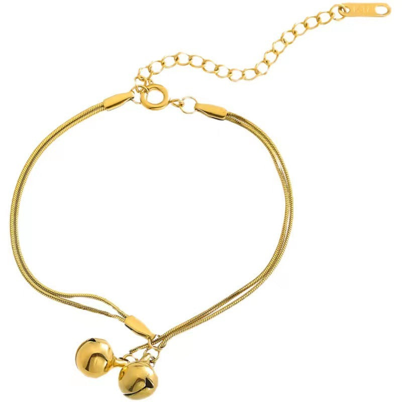 Minimalist Cute Double-Layer Snake Chain Bracelet for Women in Titanium Steel with Gold Plating and Geometric Bell Charms