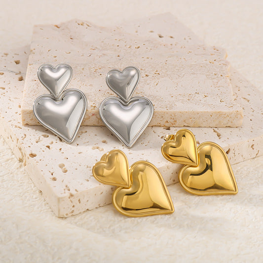 Orecchini a pendente a forma di cuore a doppio strato geometrici minimalisti in acciaio inossidabile con placcatura in oro 18 carati