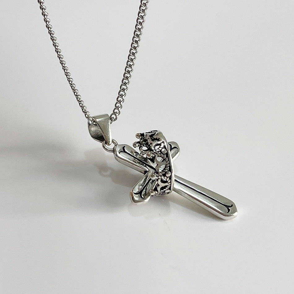 Collar con cadena de bolas y colgante de cruz coronada minimalista de plata de ley 925 bañada en oro para mujer