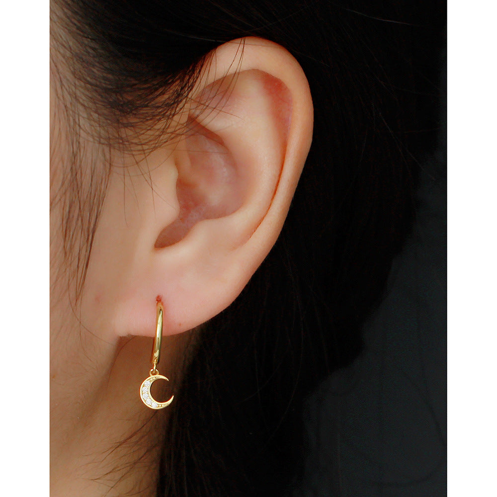 Orecchini a Cerchio da Donna con Strass Intarsiati Geometrici a Luna, in Argento Sterling 925, Minimalisti e Delicati