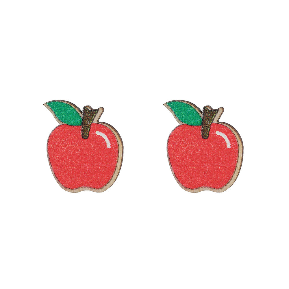 Sweet Cartoon Wood Geometric Apple Carrot Stud Earrings for Kids