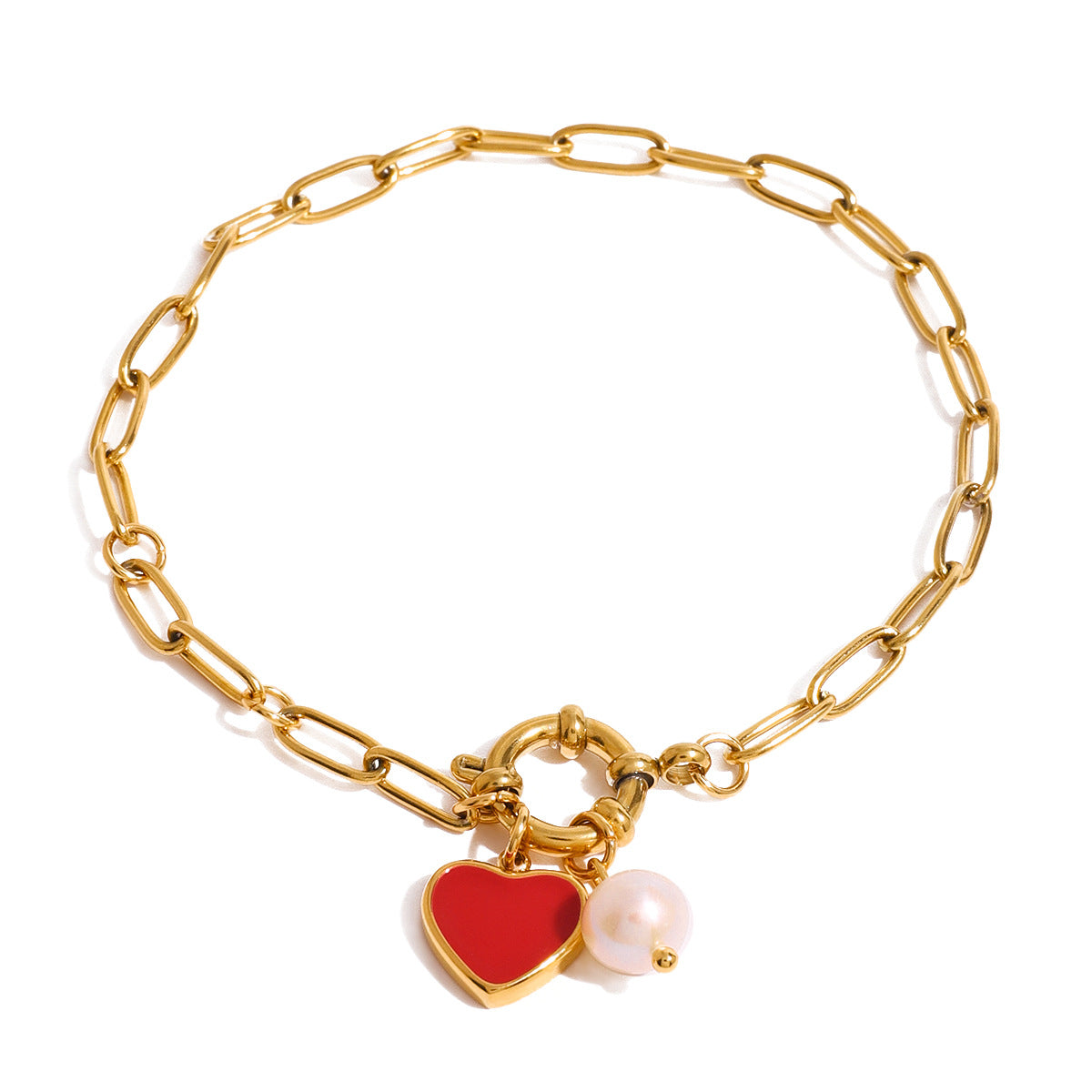 Sweet Lady Style 18K Gold Plated Stainless Steel Heart Pendant Bracelet with Pearl Inlay
