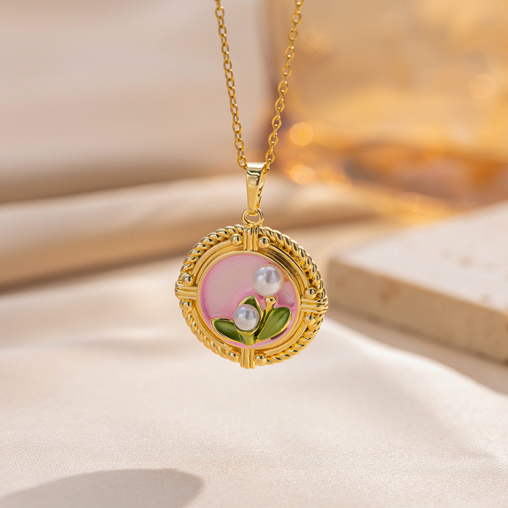 Elegant Floral Pendant Necklace for Women in Titanium Steel with Enamel Tulip Rose and Camellia Design on O-Chain