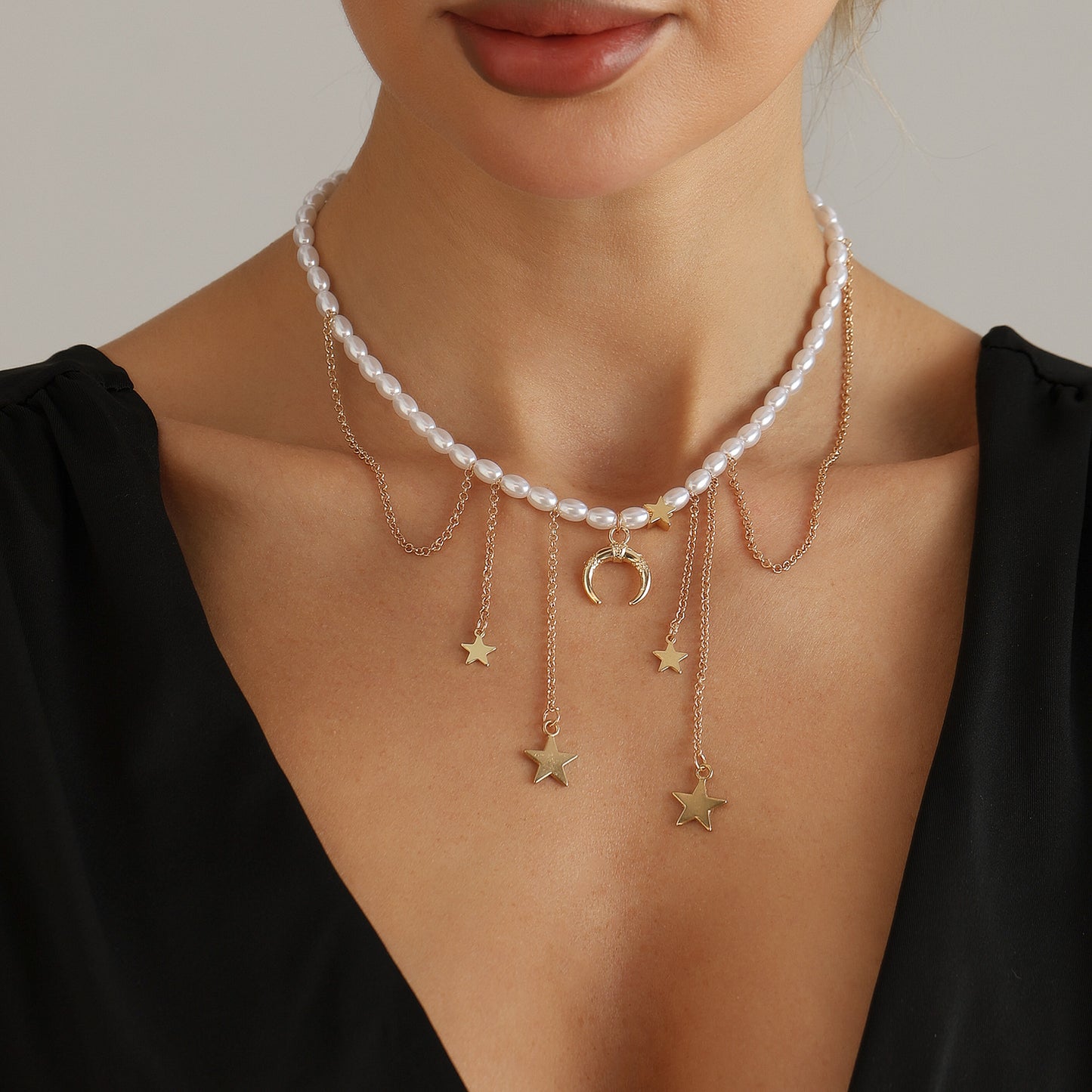 Casual Star Moon Heart Pearl Plated Alloy Necklace Multi-layer Choker for Women