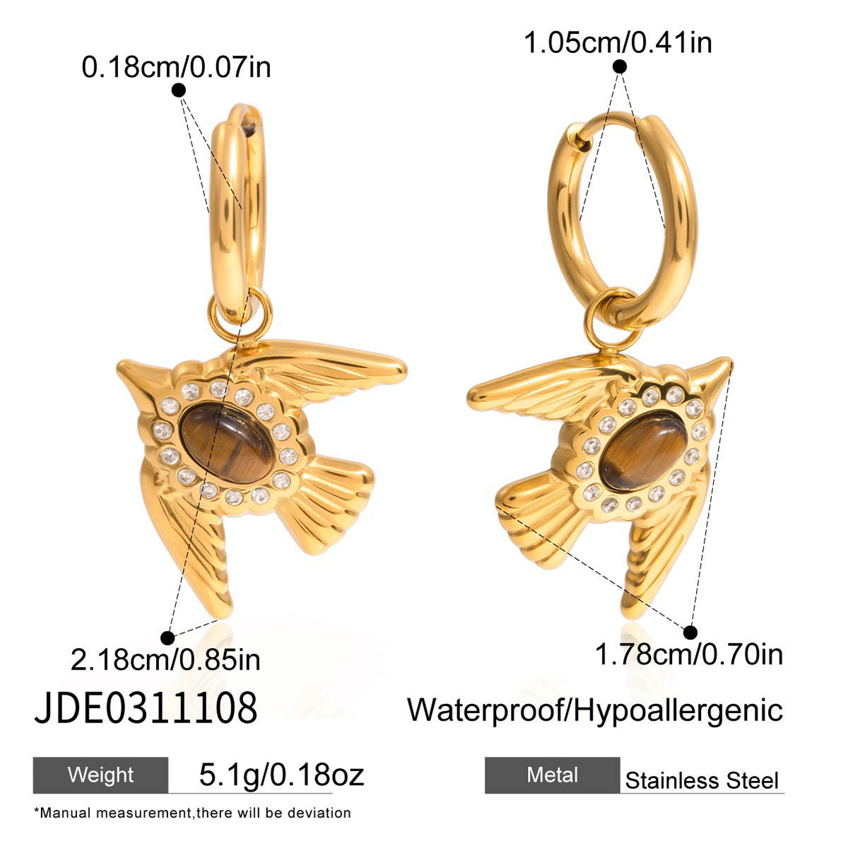 Set collana pendente minimalista con occhio di tigre, acciaio in titanio e intarsio placcato oro per donna